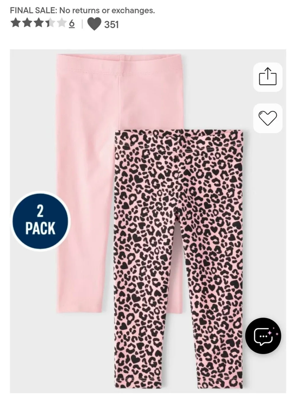 Nwt 5T The Children's Place Pink Leopard & Solid Light Pink Leggings 2-Pack